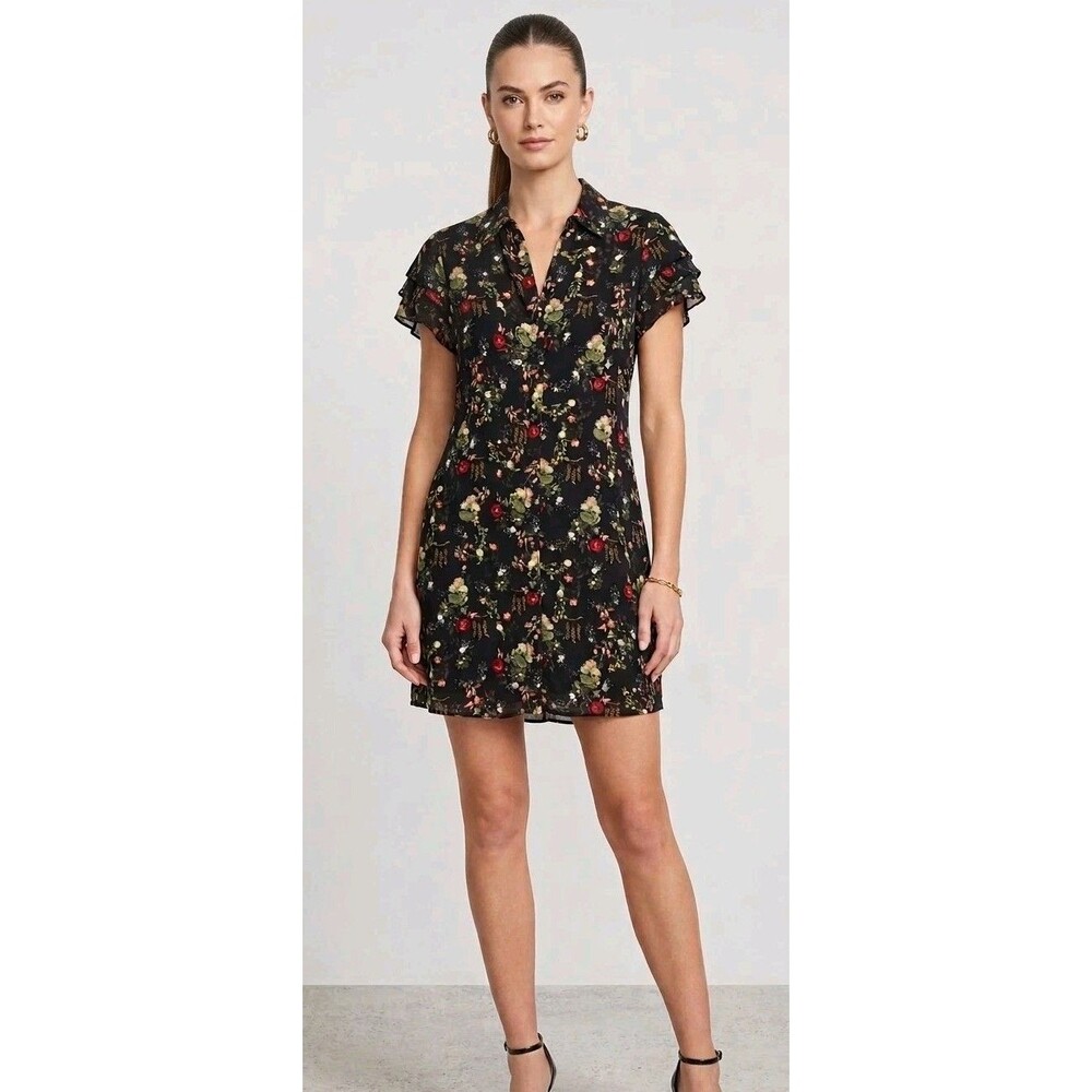 NWT Alice + OLIVIA Jem Floral  Shirt Dress Ruffle Sleeves Button Front Size M